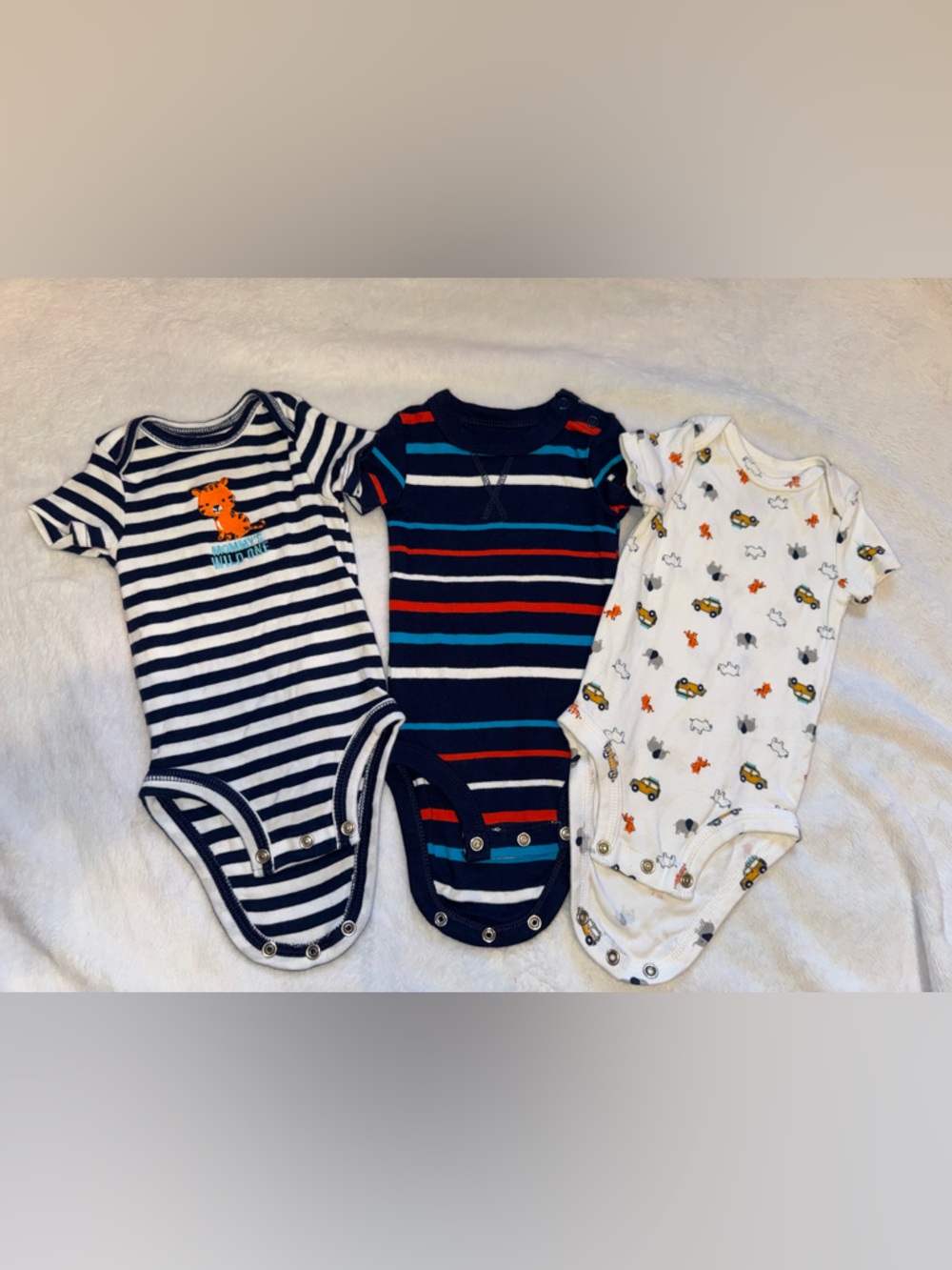 3-Pack Striped and Printed Baby One-Pieces - Navy, White
